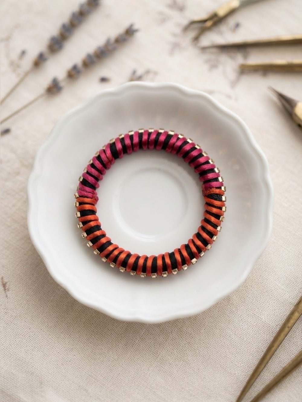 Orange Hot Pink Silk Thread Bangle | Rhinestone Chain Border Statement Bangle - Picture 7 of 14